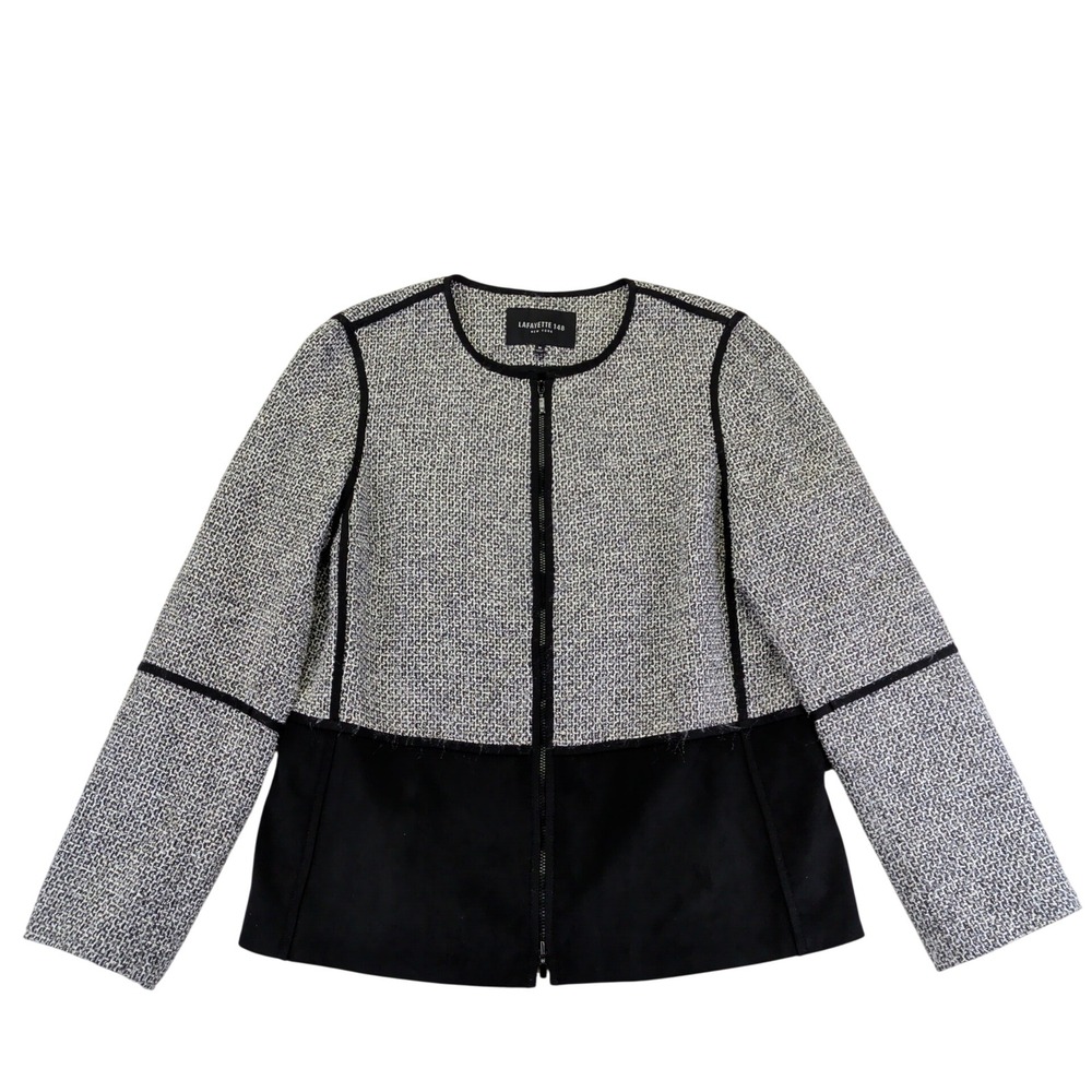 Lafayette 148 Tweed Colorblock‎ Faux Suede Black Zip Front Jacket Women's Medium